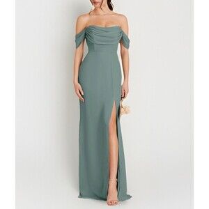 NWT Birdy Grey Formal Mira Chiffon Green Drape Neck Long Dress Sea Glass Prom M